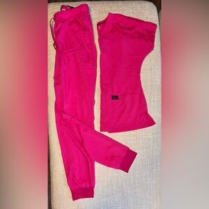 Betsey Johnson Bright Pink Lace  Scrubs Set XS Top S Tall Pants Jogger Nurse Set